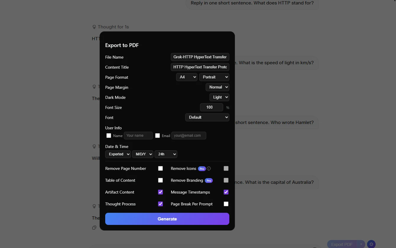 Extension Customize panel showing filename, page format, theme, font and ToC options