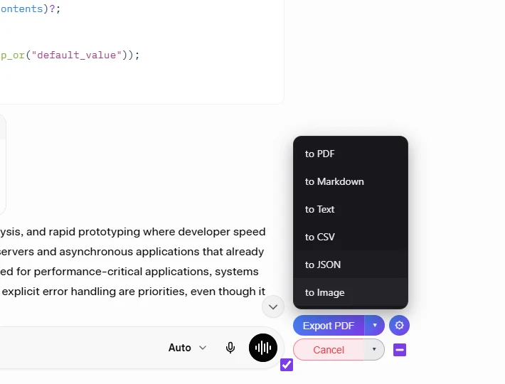 Format picker showing PDF, Markdown, Text, CSV, JSON and Image options