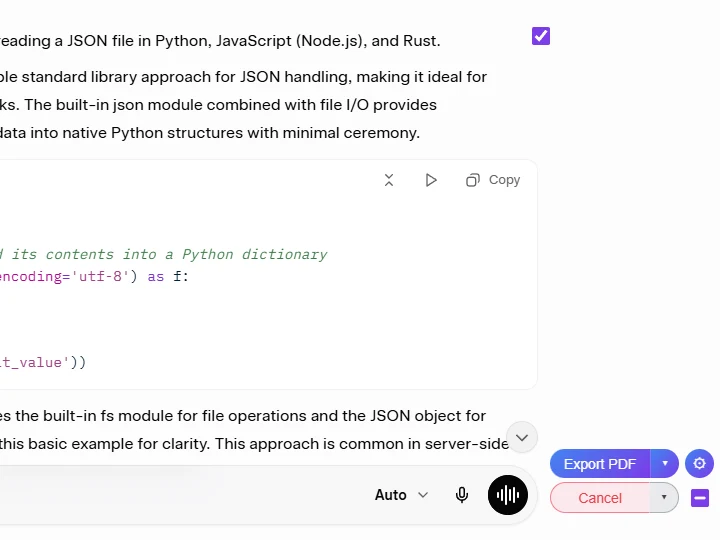 Grok conversation with the extension's Select-mode active and Export PDF ready