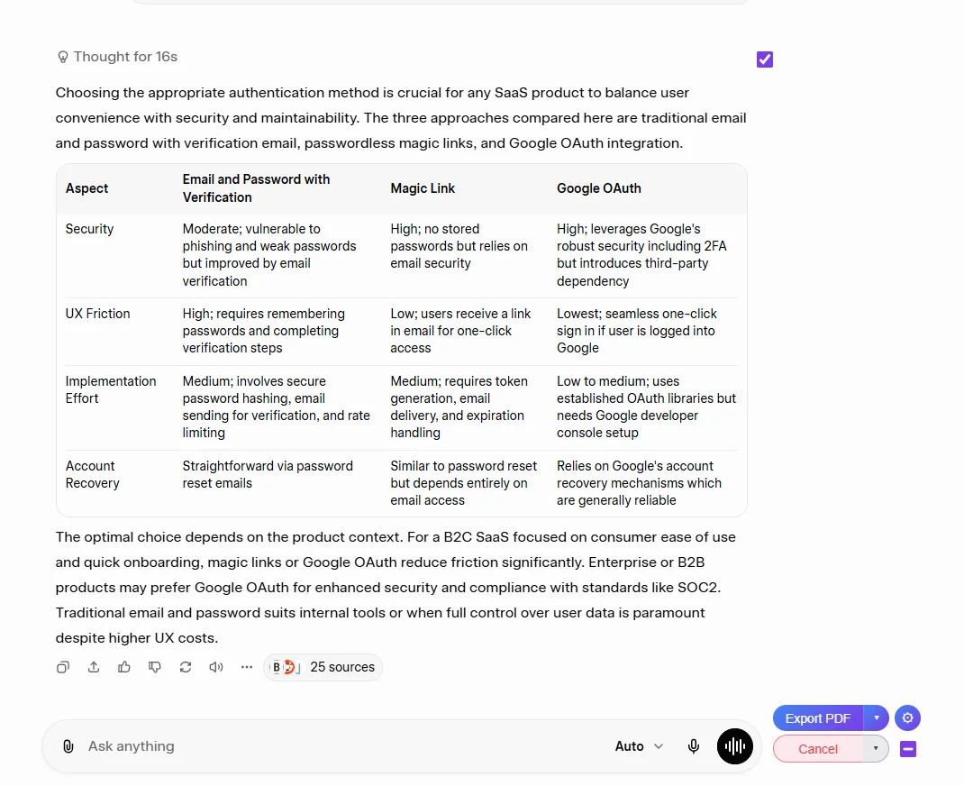 Comparison table rendered in a live Grok conversation